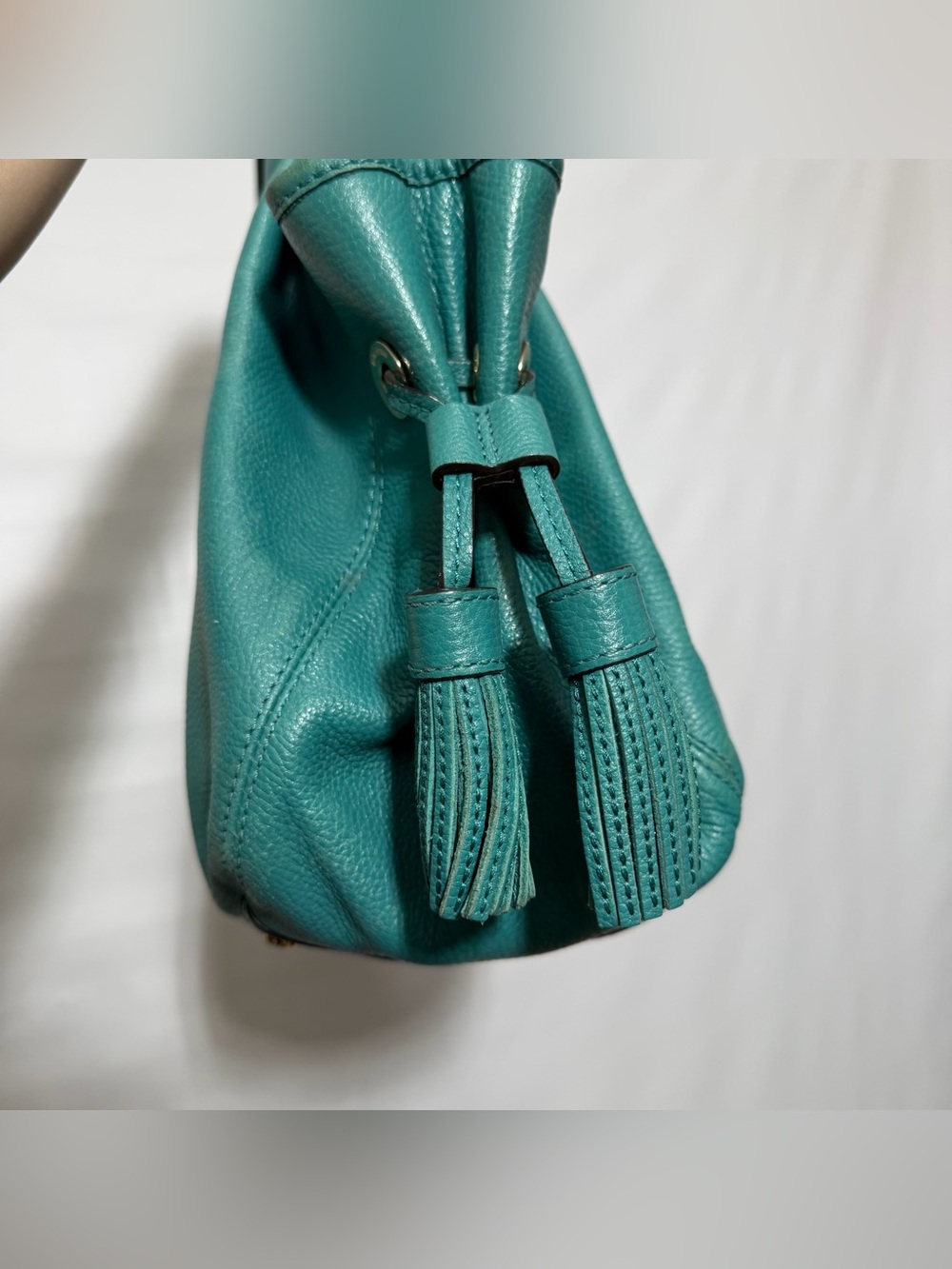 Kate Spade โข Stevie Leather Hobo Shoulder Bag Turquoise Blue Tassels - Picture 8 of 15